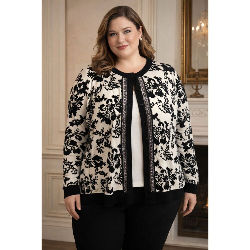 Marled Sequin Trim Front Button Up Cardigan Sweater Old Money Chic Plus Size 2X
